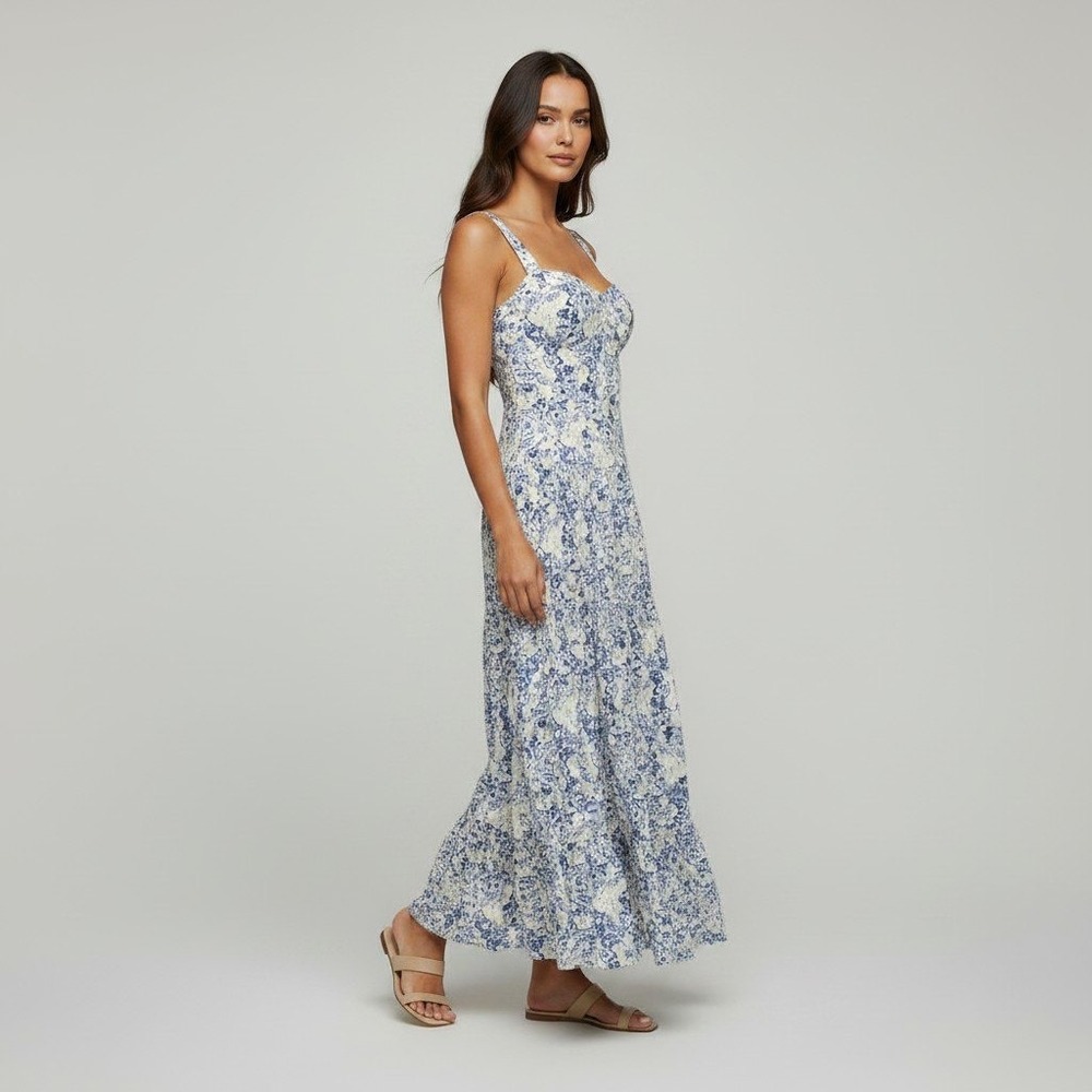 WAYF Blue White Floral Toile Bustier Tiered Midi Dress Womens Size Medium